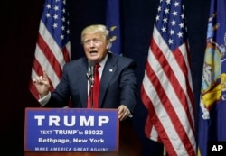 Republican presidential candidate Donald Trump speaks during a campaign rally, April 6, 2016, in Bethpage, N.Y.