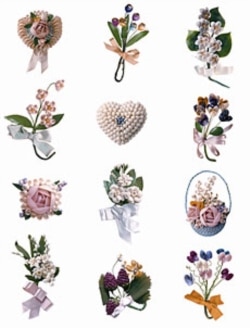 Decorative pins by Shigeko Shintaku, Iwa Miura and Grace Ayako Ito. The pins are made of beans, seeds, shells, wood and paper