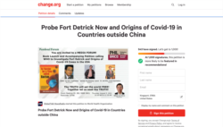 Screen capture of the petition posted to Change.org by Global Talk News Radio, calling on the World Health Organization to the U.S. biolabs at Fort Detrick, Maryland, and the origins of the COVID-19 pandemic in countries outside of China.