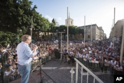 Journalists Without Borders representative Christoph Deloire addresses the crowd during a rally to honor anti-corruption reporter Daphne Caruana Galizia, killed by a car bomb on Oct. 16, in the capital city of Malta, Valletta, Oct. 22, 2017.