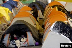 A dog sits in a tent at a school-turned-shelter for people whose homes were damaged in an earthquake, in Mexico City, Mexico, Sept. 23, 2017.