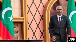 Maldives' President Mohamed Muizzu looks on after reading the oath during his inauguration ceremony in Male on Nov. 17, 2023. He vowed to expel Indian troops deployed in the strategically located archipelago in his first speech to the nation after being sworn into power.