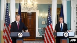 Waziri wa mambo ya nje wa Marekani Antony Blinken na katibu mkuu wa NATO Jens Stoltenberg wakifanya mkutano wa pamoja na waandishi wa habari, Washington, Juni 18, 2024. Picha ya AFP