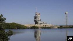 Space shuttle Endeavour is seen at Pad 39A at the Kennedy Space Center in Cape Canaveral, Florida