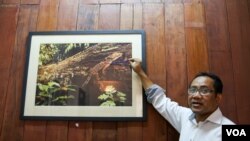 លោក​ ទុយ​ សេរី​វឌ្ឍនា​ នាយក​ប្រចាំ​ប្រទេស​នៃ​អង្គការ​សត្វព្រៃ​និង​រុក្ខជាតិ​អន្តរជាតិ​កម្ពុជា ពន្យល់​ពី​រូបភាព​ដាក់​តាំង​នៅ​ក្នុង​ការិយាល័យ​របស់​លោក​ នៅ​រាជធានី​ភ្នំពេញ​ កាល​ពី​ថ្ងៃ​ទី​២២ ខែ​មេសា​ ឆ្នាំ​២០១៦។​ នោះ​ជា​រូប​នៃ​ពូជ​សត្វ​តុកកែ​ដែល​រក​ឃើញ​នៅ​ក្នុង​ជួរ​ភ្នំក្រវាញ និង​ដាក់​ឈ្មោះ​តាម​អ្នក​វិទ្យាសាស្រ្ត​ខ្មែរ​ដែល​រក​ឃើញ​​ប្រភេទ​សត្វ​នោះ។ (នូវ​ ពៅលក្ខិណា​/VOA)​