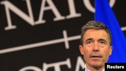 NATO Secretary-General Anders Fogh Rasmussen holds news conference at Alliance headquarters, Brussels, April 23, 2013 file photo.
