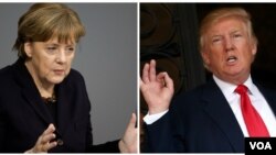 FILE - German Chancellor Angela Merkel and President-elect Donald Trump are shown in this composite image created from wire photos. Merkel heads to Washington on Monday ahead of her first meeting with Trump.