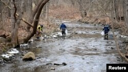 FILE - An environmental company is removing dead fish downstream from the site of the train derailment in East Palestine, Ohio, US, Feb. 6, 2023.