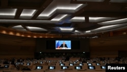 Russia's foreign minister Sergei Lavrov addresses the Conference on Disarmament, in Geneva