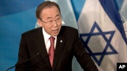 U.N. Secretary-General Ban Ki-Moon speaks during a joint press conference with Israeli Prime Minister Benjamin Netanyahu at the prime minister's office in Jerusalem, Oct, 13, 2014.