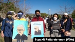 A group of Thai-American in Los Angeles participate the Asian American event to raise awareness about the increase in hate crimes against Asians in the US near Chinatown Los Angeles, CA. 