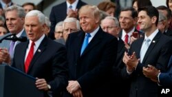President Donald Trump smiles as Vice President Mike Pence speaks during an event on the South Lawn of the White House in Washington, Dec. 20, 2017, to acknowledge the final passage of tax overhaul legislation by Congress. 