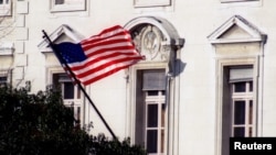 View of the American Embassy next to the place de la Concorde's [hotel Crillon] in Paris February 22. [France has asked the US to recall five of its nationals, including four diplomats, for alleged espionage activities on behalf of the CIA (Central…