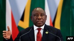 Le président sud-africain, Cyril Ramaphosa, lors d'une conférence de presse à l'issue du sommet des BRICS à Johannesburg, le 27 juillet 2018.