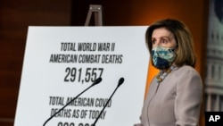 House Speaker Nancy Pelosi of Calif., speaks during a news conference at the Capitol, Dec. 10, 2020, in Washington. 