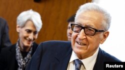 U.S. Under Secretary of State Wendy Sherman (L) and UN-Arab League envoy for Syria Lakhdar Brahimi arrive for a trilateral meeting with Russian Deputy Minister of Foreign Affairs Gennady Gatilov during the second round of negotiations between the Syrian g