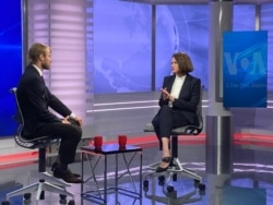 Belarusian opposition leader Sviatlana Tsikhanouskaya sits for an interview with Igor Tsikhanenka at Voice of America headquarters in Washington, July 18, 2021.