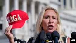 Mbunge wa chama cha Republican Marjorie Taylor Greene aliyemtaka Spika Johnson kujiuzulu. 