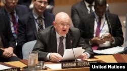 Duta Besar Rusia untuk PBB Vassily Nebenzia berbicara pada pertemuan DK PBB untuk membahas situasi di Suriah. 