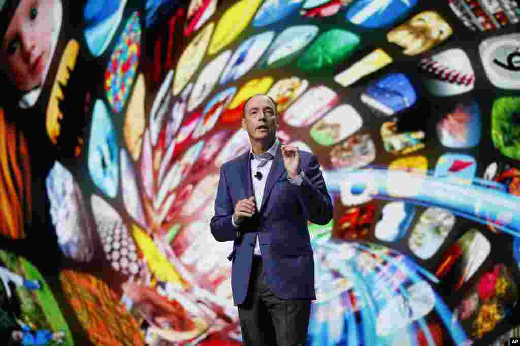 Tim Baxter, president and COO of Samsung Electronics America, speaks during a Samsung news conference at CES Press Day at CES International, Jan. 5, 2016, in Las Vegas.