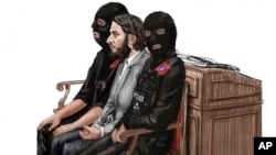 In this courtroom sketch, Salah Abdeslam, center, sits between two police officers during his trial at the Brussels Justice Palace in Brussels, Belgium, Feb. 5, 2018.