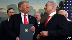 President Trump smiles at Israeli PM Benjamin Netanyahu, right, after signing a proclamation in the Diplomatic Reception Room at the White House in Washington, March 25, 2019. Trump signed an official proclamation formally recognizing Israel's sovereignty over the Golan Heights.