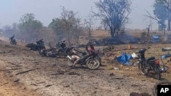FILE - This photo provided by the Kyunhla Activists Group shows aftermath of an airstrike in Pazigyi village in Sagaing Region's Kanbalu Township, Myanmar, April 11, 2023. 