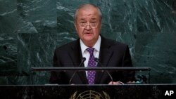 FILE - Uzbekistan's Minister for Foreign Affairs Abdulaziz Kamilov addresses the United Nations General Assembly, at U.N. headquarters, Sept. 23, 2016. Taliban and Uzbek officials say the head of the Taliban's political office in Qatar led a delegation to Uzbekistan to meet senior Foreign Ministry officials in a rare diplomatic foray, and the strongest sign yet of the insurgency's increasing political presence in the region. 