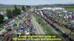 Aerial view of a migrant tent camp along the Macedonia-Greece border