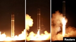 북한이 29일 새벽에 실시한 신형 대륙간탄도미사일 '화성-15형' 발사 모습을 관영 조선중앙통신을 통해 공개했다.