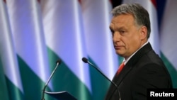 Le premier ministre hongrois Viktor Orban donne un discours national à Budapest, Hongrie, le 28 février 2016. 