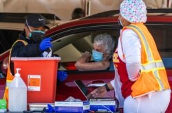A woman is vaccinated inside her vehicle at a mass COVID-19 vaccination site outside The Forum in Inglewood, Calif., Jan. 26, 2021.