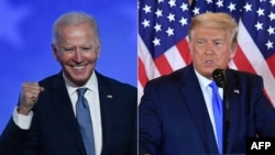 美国共和党候选人特朗普（右）和民主党总统候选人拜登分别在选举日之夜。（2020年11月3日）