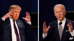 FILE - These Sept. 29, 2020, photos show then-President Donald Trump and his opponent in the 2020 presidential election, Joe Biden, during their first presidential debate in Cleveland, Ohio. 