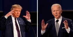 FILE - This combination of Sept. 29, 2020, file photos show President Donald Trump, left, and former Vice President Joe Biden during the first presidential debate at Case Western University and Cleveland Clinic, in Cleveland, Ohio.