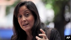 FILE - Venezuelan activist Rocio San Miguel, who leads an organization focused on national security issues, talks during a conference in Caracas, Venezuela, on Sept. 14, 2011. The White House said on Feb. 13, 2024, that the U.S. is concerned about San Miguel's arrest this week.