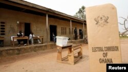 FILE - A sign for Ghana's Electoral Commission is seen at a polling station in Accra during a 2009 poll.