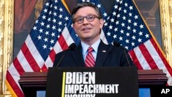 FILE - Speaker of the U.S. House of Representatives Mike Johnson, a Republican, speaks at the Capitol in Washington on Nov. 29, 2023. On Dec. 13, 2023, a move to formally authorize an impeachment inquiry into President Joe Biden, a Democrat, moved forward on a party-line vote.