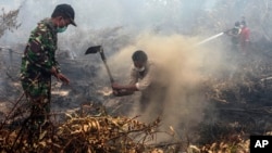 Warga dan anggota TNI berusaha memadamkan kebakaran hutan dan lahan di Rimbo Panjang, provinsi Riau (foto: dok). Jumlah titik api kebakaran hutan di Sumatera dan Kalimantan dilaporkan BNPB justru bertambah banyak minggu ini.