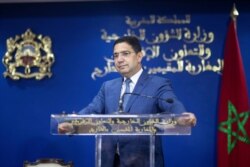 Moroccan Foreign Minister Nasser Bourita gives a statement during a press conference with his Israeli counterpart Yair Lapid in Rabat, Morocco, Aug. 11, 2021.