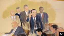 Caricature de Joaquin "El Chapo" Guzman, dans la salle d'audience de la Cour fédérale de Brooklyn à New York, le 13 novembre 201