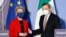 EU Commission President Ursula von der Leyen and Italian Premier Mario Draghi attend a press conference at the end of a virtual global health summit, in Rome's Villa Pamphili, May 21, 2021.