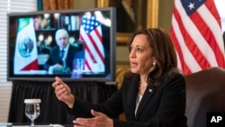Vice President Kamala Harris speaks during a virtual meeting with Mexican President Andres Manuel Lopez Obrador at the Eisenhower Executive Office Building on the White House complex in Washington, May 7, 2021.