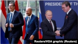 Ilustracija: Predsednik Srbije Aleksandar Vučić u društvu predsednika Evropskog saveta Šarla Mišela u Briselu i sa ruskim predsednikom Vladimirom Putinom u Beogradu (Foto: Reuters)