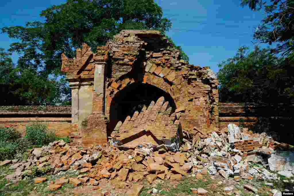 The entrance of a collapsed pagoda is seen after an earthquake in Bagan, Myanmar, Aug. 25, 2016.