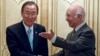 Pakistan's National Security Adviser Sartaj Aziz, right, meets U.N. Secretary-General Ban Ki-moon for talks at the Foreign Ministry in Islamabad, Pakistan, Aug. 13, 2013.