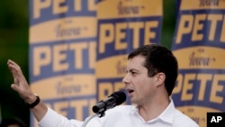 FILE - Democratic presidential candidate Pete Buttigieg speaks at the Polk County Democrats Steak Fry in Des Moines, Iowa, Sept. 21, 2019.