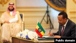 ጠቅላይ ሚኒስትር አብይ አሕመድ በሳዑዲ አረቢያ አልጋ ወራሽ ሞሐመድ ቢን ሳልማን እማኝነት የኢትዮጵያና የኤርትራ የስምምነት ሠነድ ላይ ፊርማቸውን ሲያኖሩ /ፎቶ - ከሳዑዲ ፕሬስ ኤጀንሲ የተገኘ - ኢንተርኔት - ጂዳ፣ ሳዑዲ አረቢያ፤ መስከረም 2011 ዓ.ም/