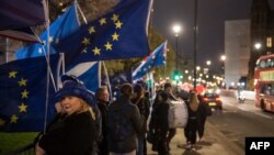 Para pendukung Anti-Brexit mengibar-ngibarkan bendera Uni Eropa saat mereka berunjuk rasa di luar Gedung Parlemen, 14 Januari 2019 (foto: Oli Scarff/AFP)