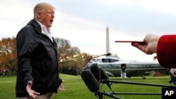 President Donald Trump answers a question from a member of the media as he leaves the White House, Nov. 17, 2018, in Washington. 